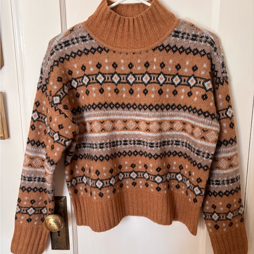 Marled Tan and Black Patterned Turtleneck Sweater